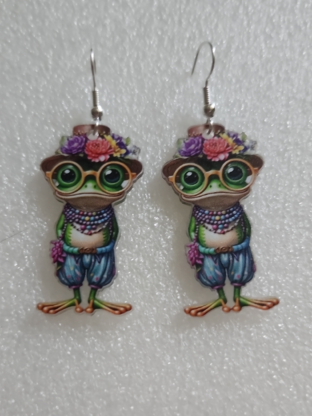 Hand Crafted Colorful Frog with Flower Crown Earrings